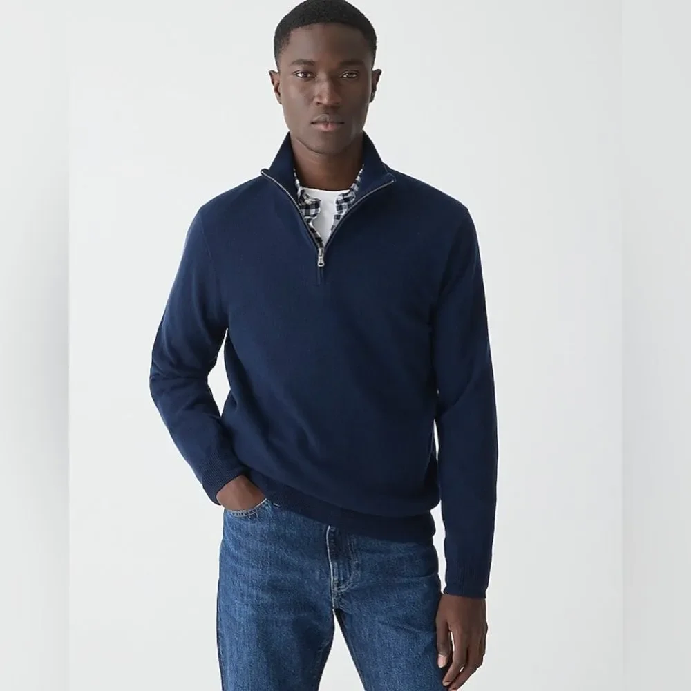 J. Crew Cashmere Blend 1/4 zip pullover sweater Blend Blue Brown Pull Size XL